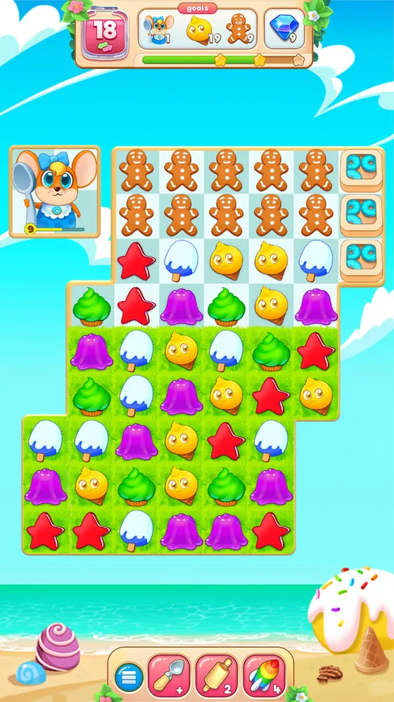Candy Riddles board with jelly candies, gingerbread pieces and a mouse character at the top