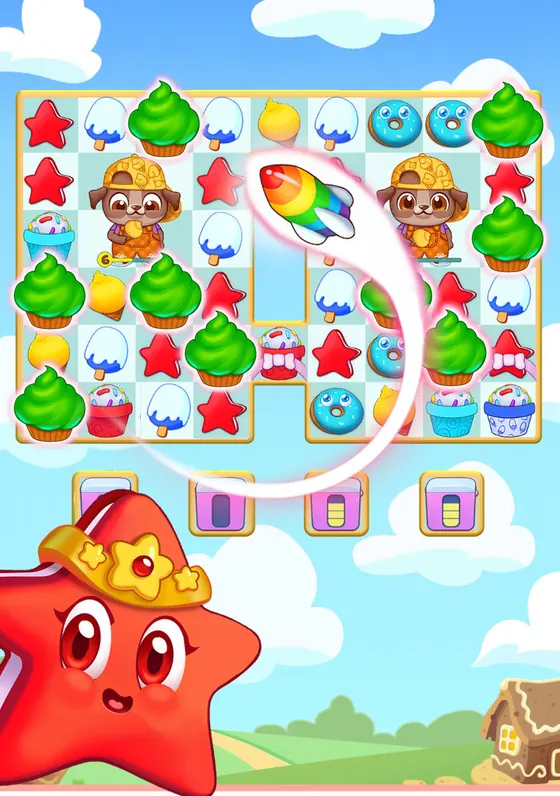 Candy Riddles level on a beach with a star character beside the board