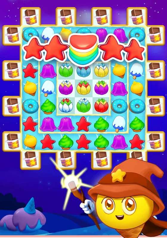 Candy Riddles night level with a bee character and a board of star-shaped candies
